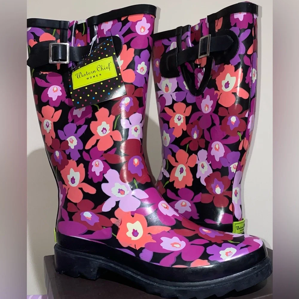 New Western chief rain boots boho floral garden boots purple pink floral graphic